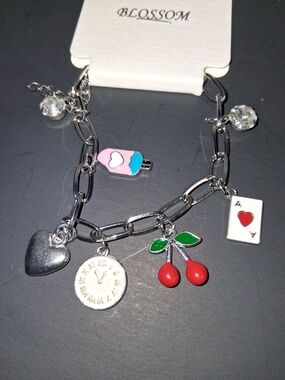 Silver Charm Bracelet with Red Cherry & Pink Ice Cream Charms
